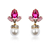 Rosie Pink Crystal Dangle Earrings with Faux Pearl Dangle set in Gold